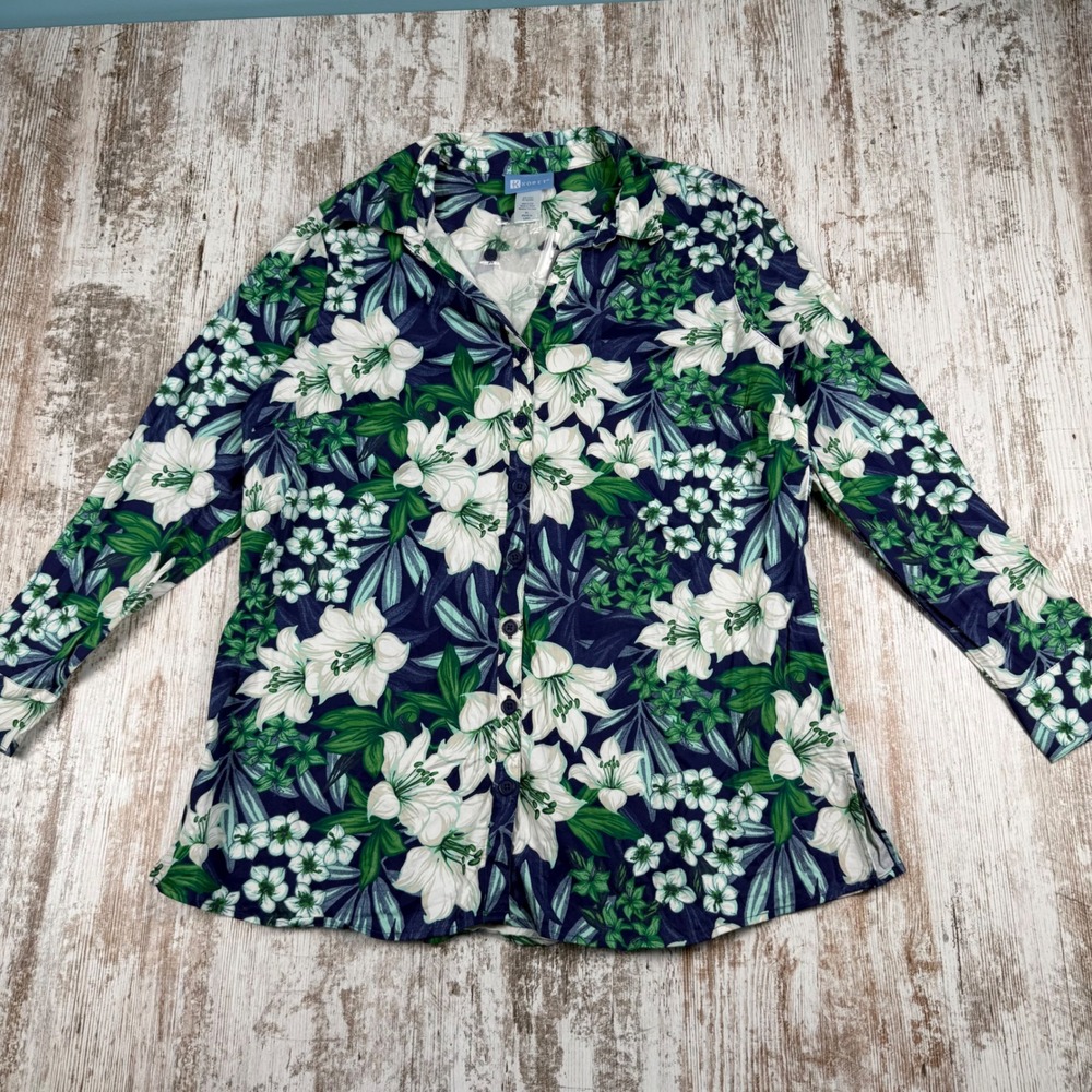 NWOT KORET Women XL Blue Floral Shirt Long Sleeve Cotton Tropical AOP